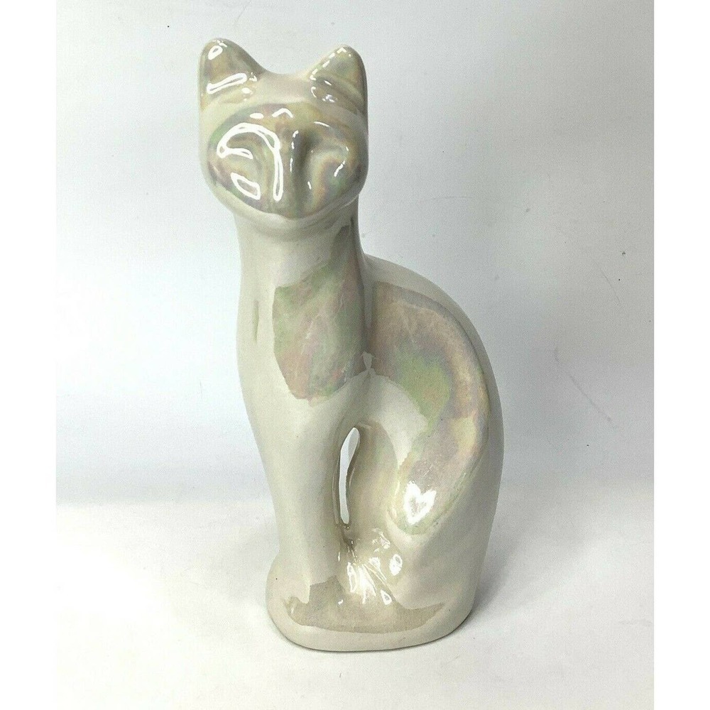 vintage MCM Cat Porcelain Siamese Figurine White Iridescent 8.5" Tall